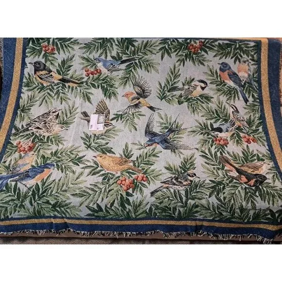 New Songbirds Heavy Afghan Woven Cotton Throw Blanket Gift Birds Bird Watcher - Picture 2 of 4